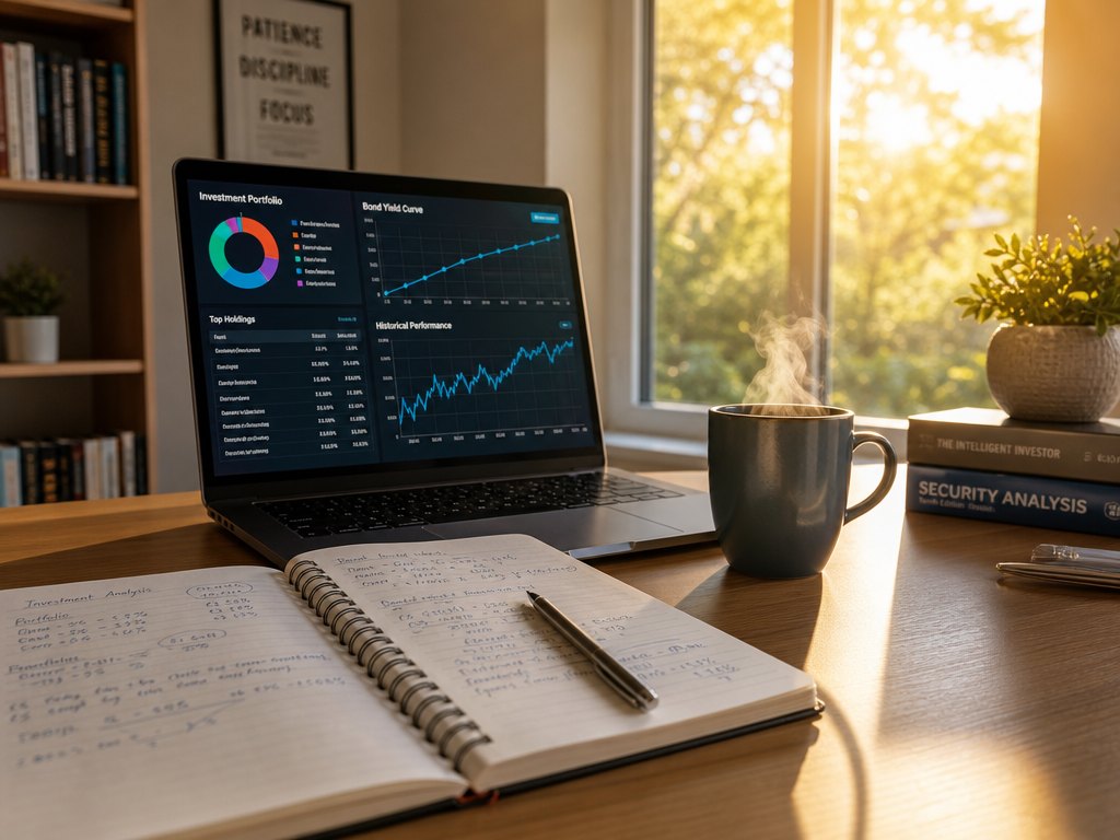 Ноутбук с графиком доходностей на столе у окна, рядом блокнот с расчётами и чашка кофе, тёплый утренний свет, спокойная домашняя обстановка инвестора